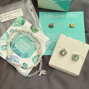 Origami Owl White Pearl Azore and Silver Bracelets Clara Club Stud Earrings